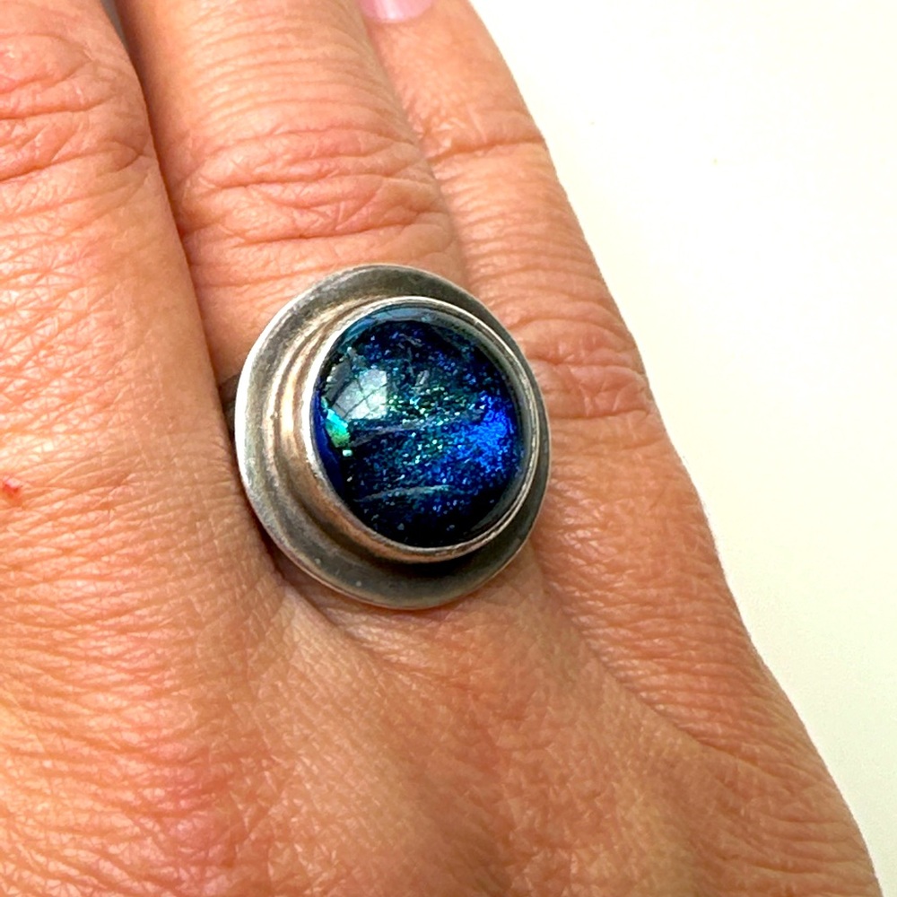 Vintage Sterling Silver 925 Dichroic Glass Split Shank Ring - Adjustable